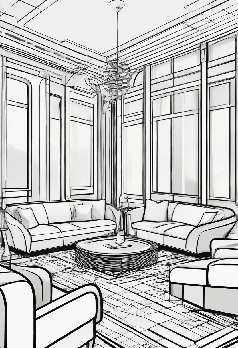 livingroom, art deco style, small, high ceilings, fireplace with art-deco surround, make the couch a chesterfield style