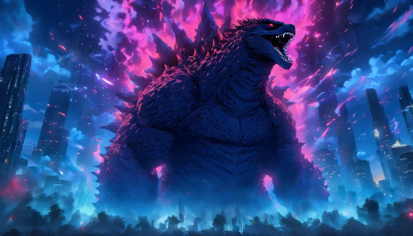 Strange monsters in a fantasy world，Godzilla，A coarse laser sprays out of the mouth，Blood，Covered with thick spikes，Moon Night，中景 the scene is，Full body like， highly detailed surreal vfx，oc rendered，Shot with 70 mm - AR 16:9 --q 2 --s 1000