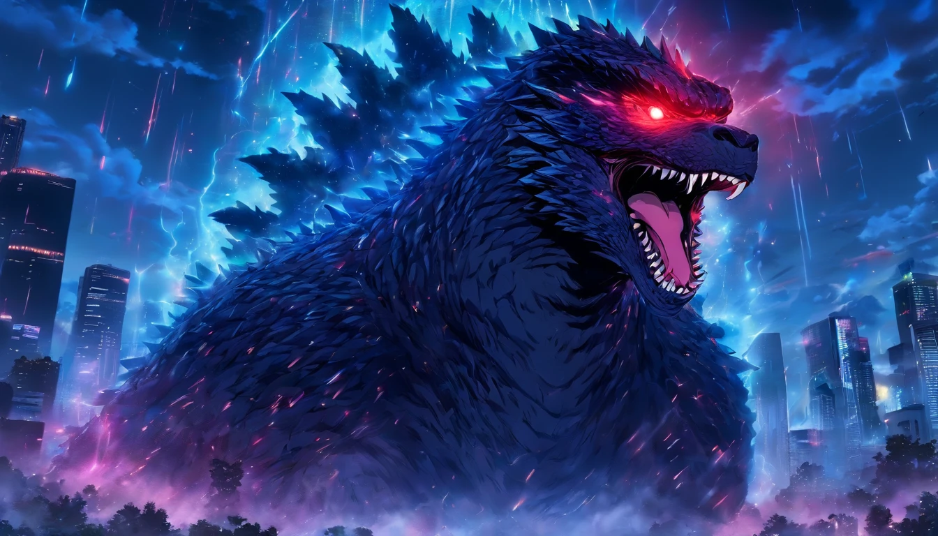 Strange monsters in a fantasy world,Godzilla,A coarse laser sprays out of the mouth,Blood,Covered with thick spikes,Moon Night,中景 the scene is,Full body like, highly detailed surreal vfx,oc rendered,Shot with 70 mm - AR 16:9 --q 2 --s 1000