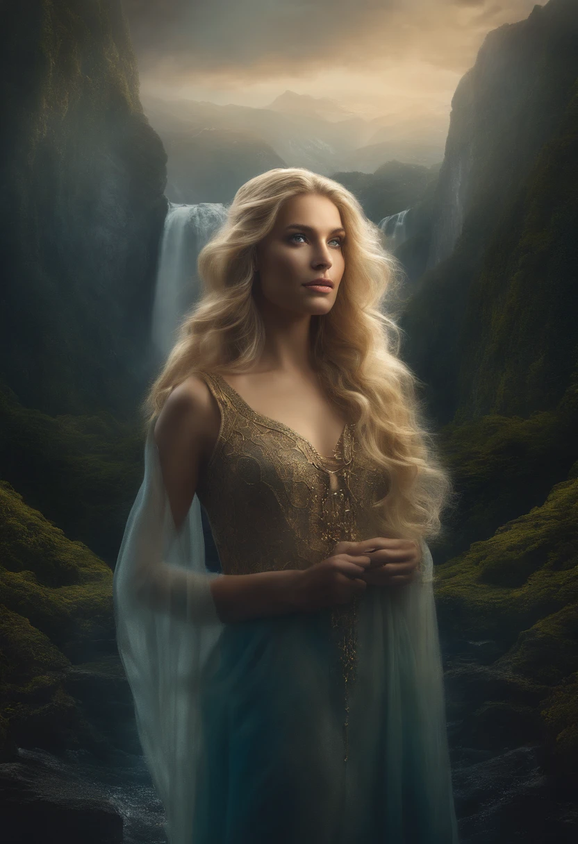 In a surreal, fantastical world, our stunning woman with extra long wavy blonde hair possesses eyes that seem to hold the secrets of the universe. She stands amidst floating islands in the sky, her hair cascading like a waterfall of gold. The atmosphere is otherworldly, with a sense of magic and wonder. This prompt is executed in a highly detailed digital art style, combining realism with fantasy elements, using a wide-angle lens (24mm) to capture the grandeur of the scene,