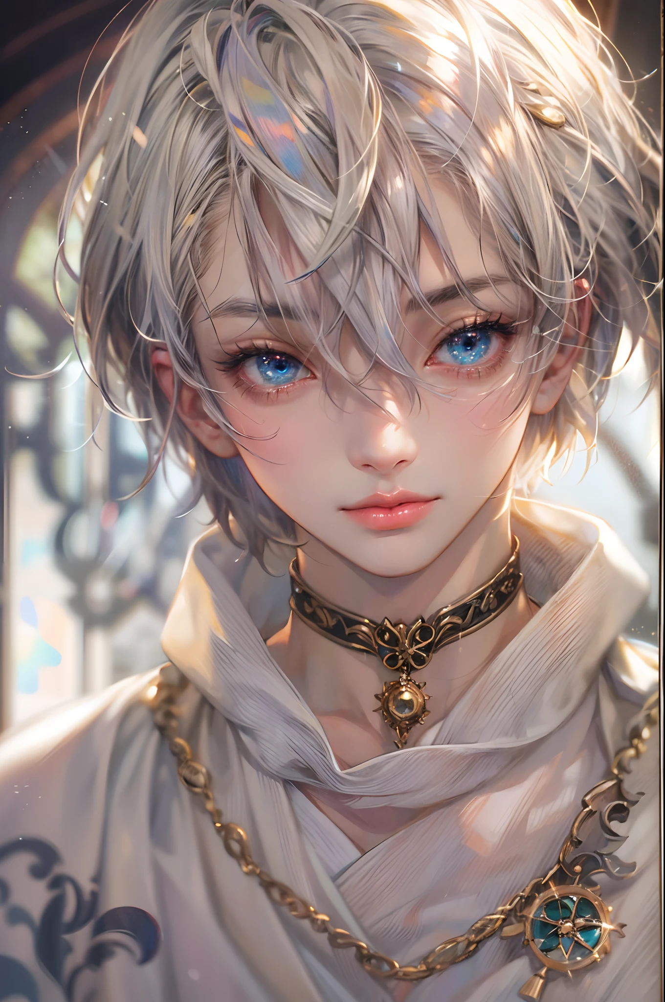 (absurdres, highres, ultra detailed, HDR), masterpiece, best quality, anime character, Anime Magi, short hair, handsome boy, anime eyes, detailed interior