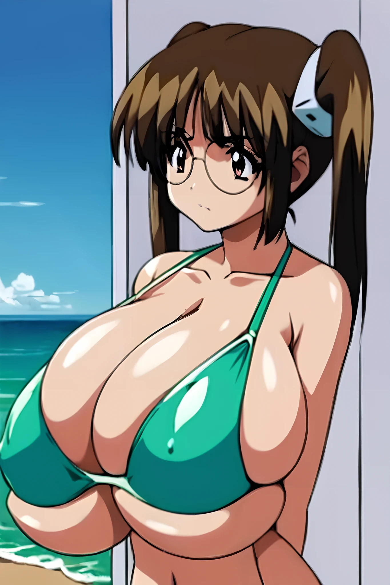 ((anime colours:1.3)),1girl in,(The bikini:1.4),(((huge-breasted:1.4)),Beach,embarrassed、Mass sweat