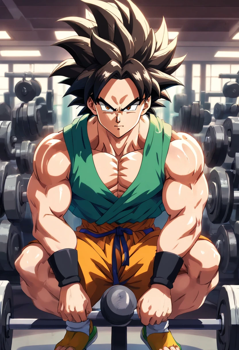 Broly Super Saiyajin, masculino, Dragon ball z, Working out hard in a bodybuilding gym, Biceps exercises, non-biceps focus, defined and detailed muscles, expression serious