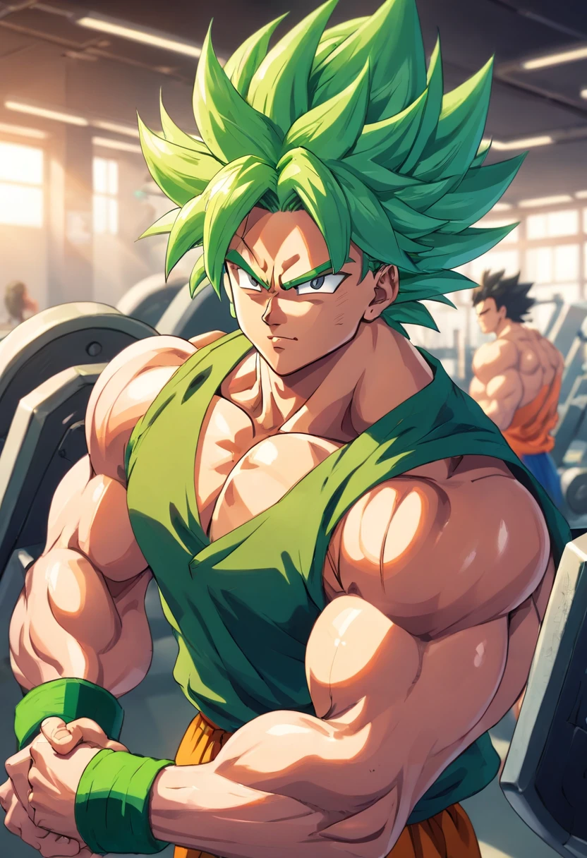 Broly Super Saiyajin, masculino, Dragon ball z, Working out hard in a bodybuilding gym, Biceps exercises, non-biceps focus, defined and detailed muscles, expression serious