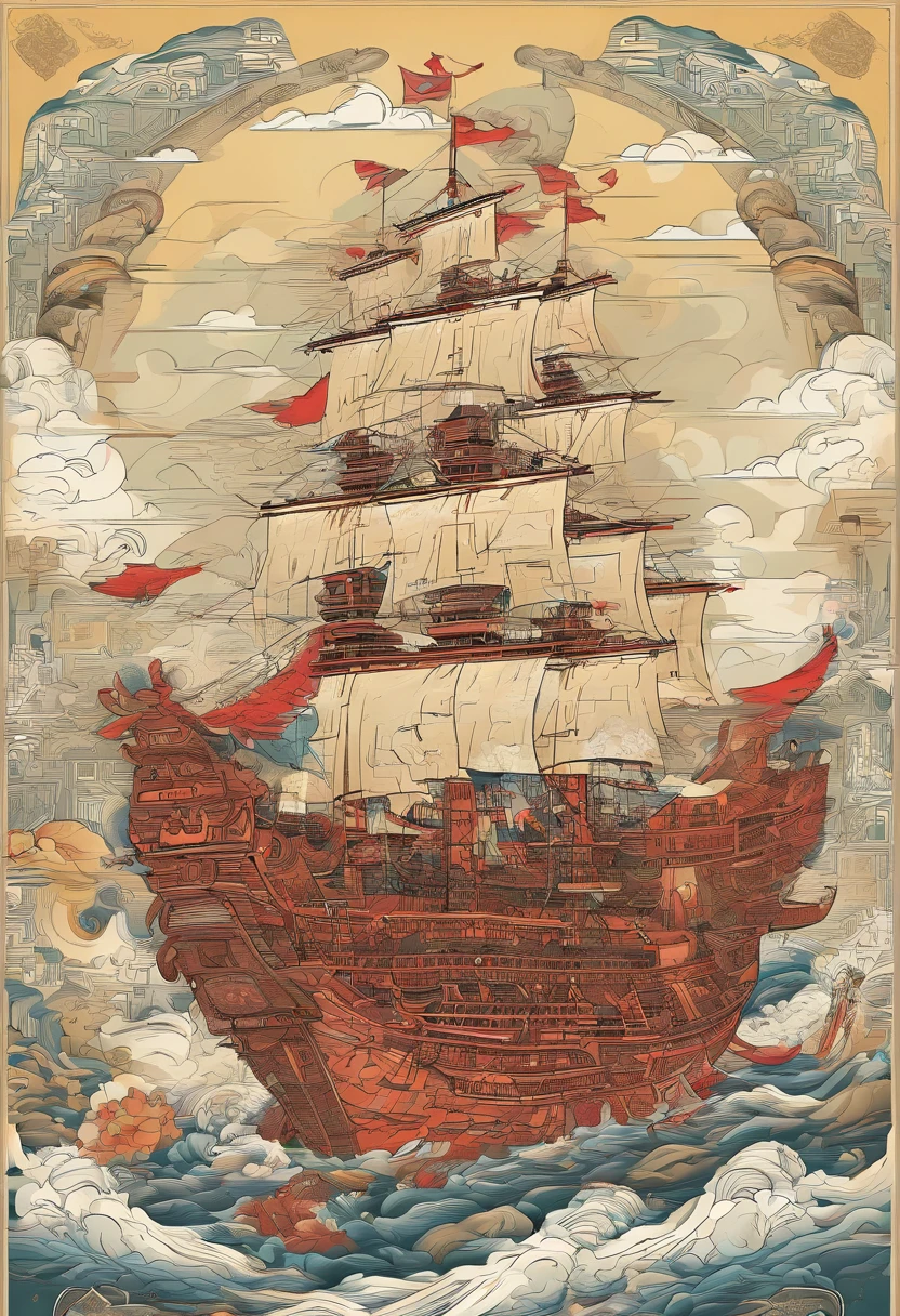 Zheng He treasure ship，Hull deconstruction and reorganization，Chinese pattern，Cutting the hull，constitute，Graphic illustration，Constructivism，abstracted，lichen，Simplified，Treasure ship cutting transformation,Vibrant colors,High contrast,Huge amounts of pubic,vector line art,blasts，disarray，A reconstructed hull full of Chinese motifs，s fractal art