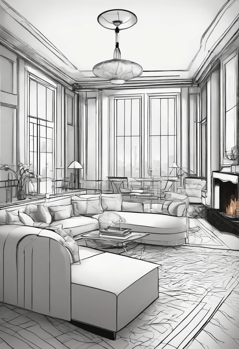 livingroom, art deco style, small, high ceilings, fireplace with art-deco surround, with a chesterfield style couch as a focal point of the room