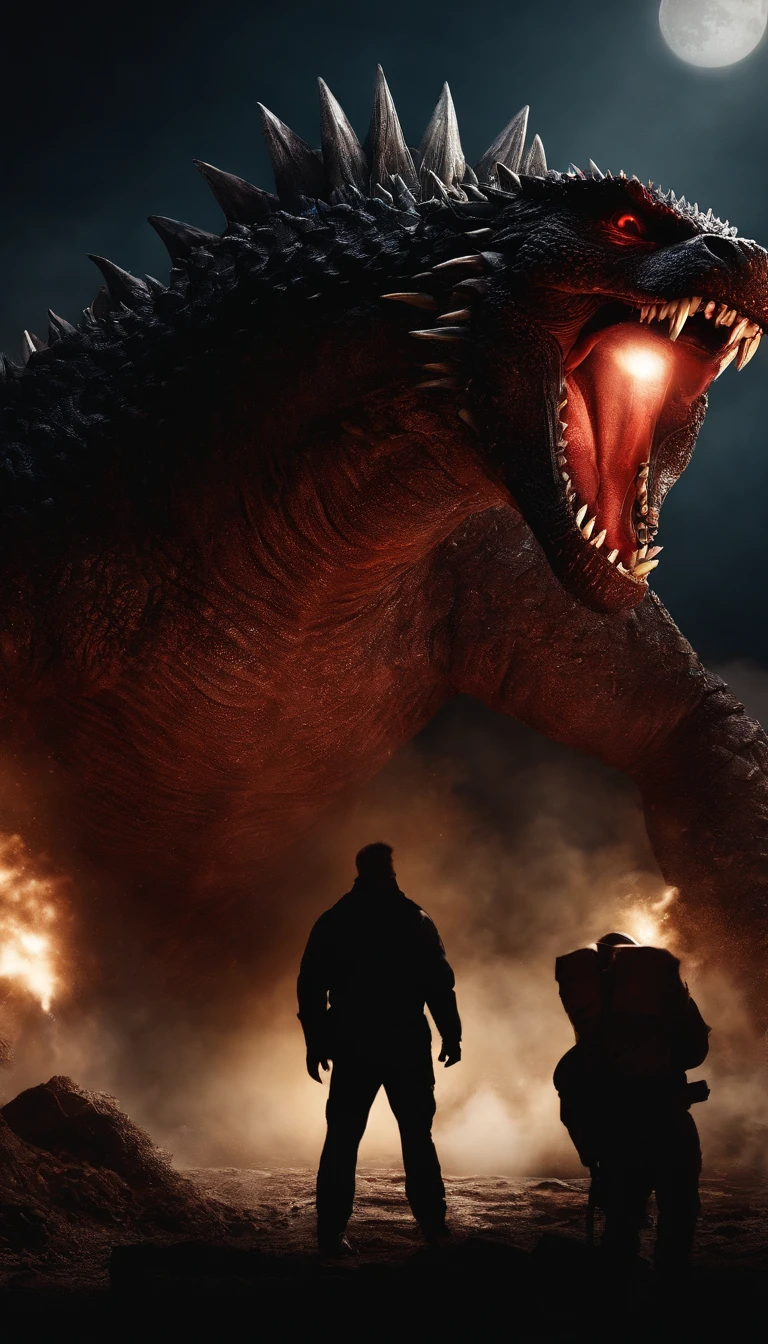 Strange monsters in a fantasy world,Godzilla,A coarse laser sprays out of the mouth,Blood,Covered with thick spikes,Moon Night,中景 the scene is,Full body like, highly detailed surreal vfx,oc rendered,Shot with 70 mm - AR 16:9 --q 2 --s 1000