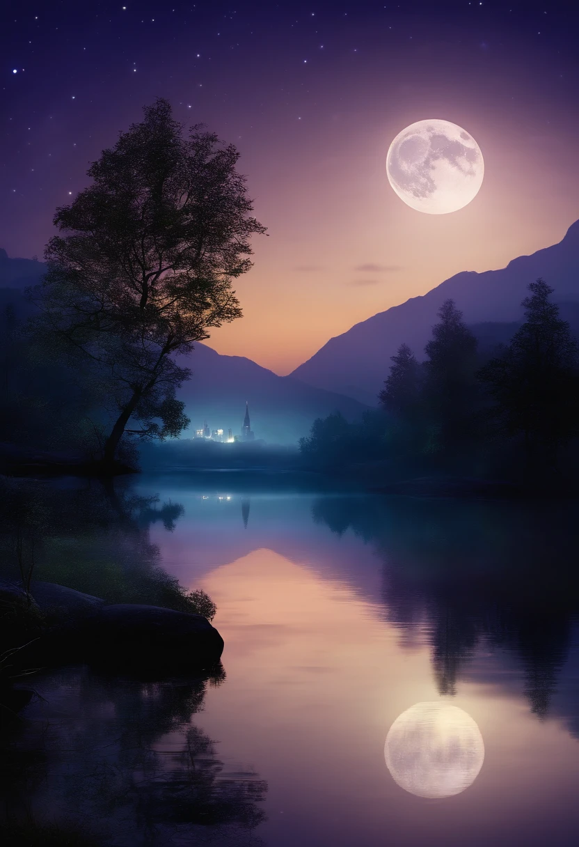 (ultra-detailed,realistic:1.37),night scenery,moonlit,star-filled sky,silhouette of mountains,serene lake,reflection of stars in water,shimmering lights on buildings,soft glow of street lamps,peaceful atmosphere,calm and quiet,night breeze,tranquil mood,subtle shadows and highlights,deep blue and purple tones,hint of mystery,vivid colors,vibrant hues,calm water surface,glistening stars,peaceful cityscape,hazy fog in the distance,majestic trees,gentle ripples on the lake,glowing moonlight,serenity