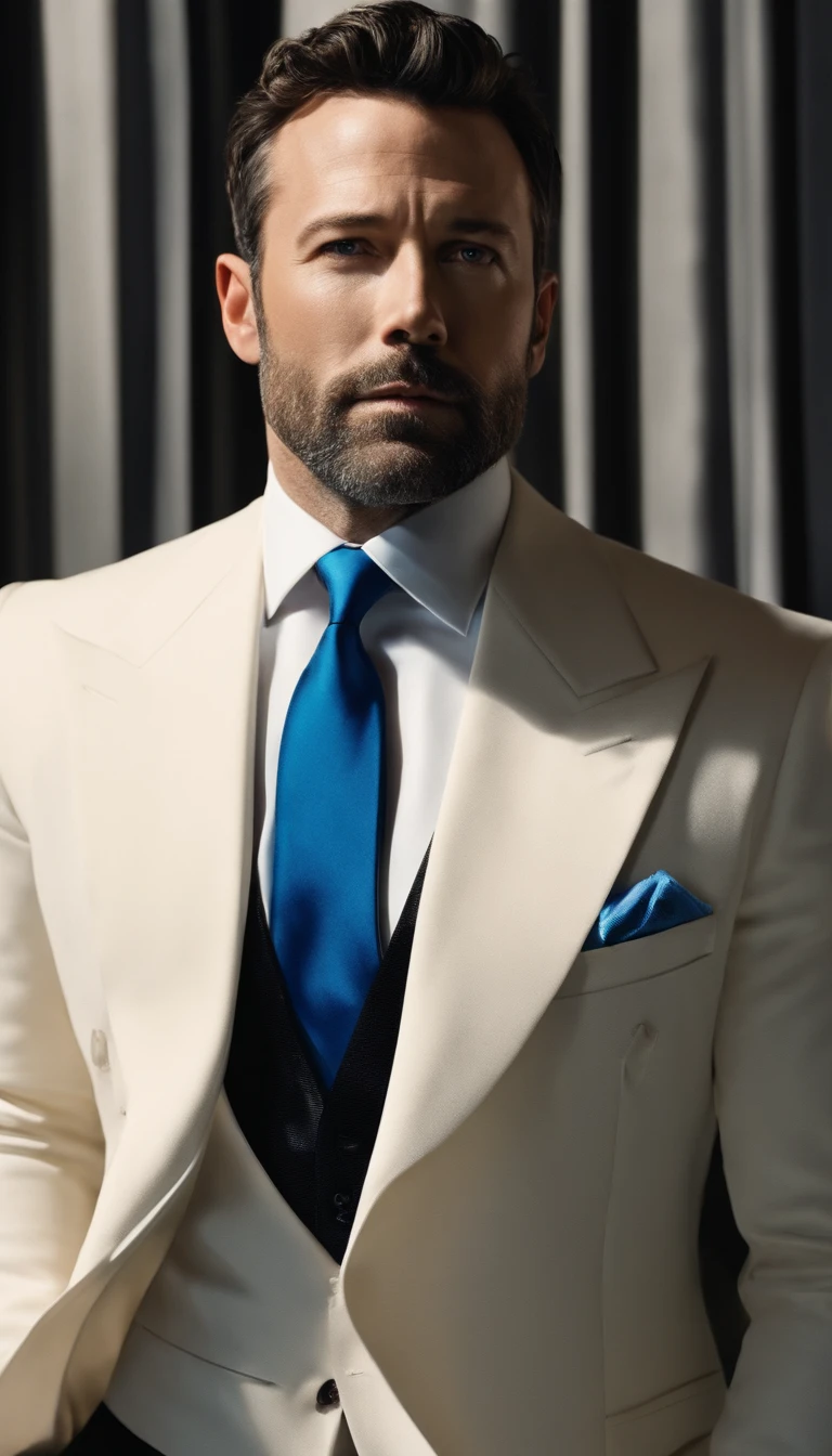 １Ben Affleck、top-quality、Top image quality、The upper part of the body, black tuxedo, blue necktie, standing