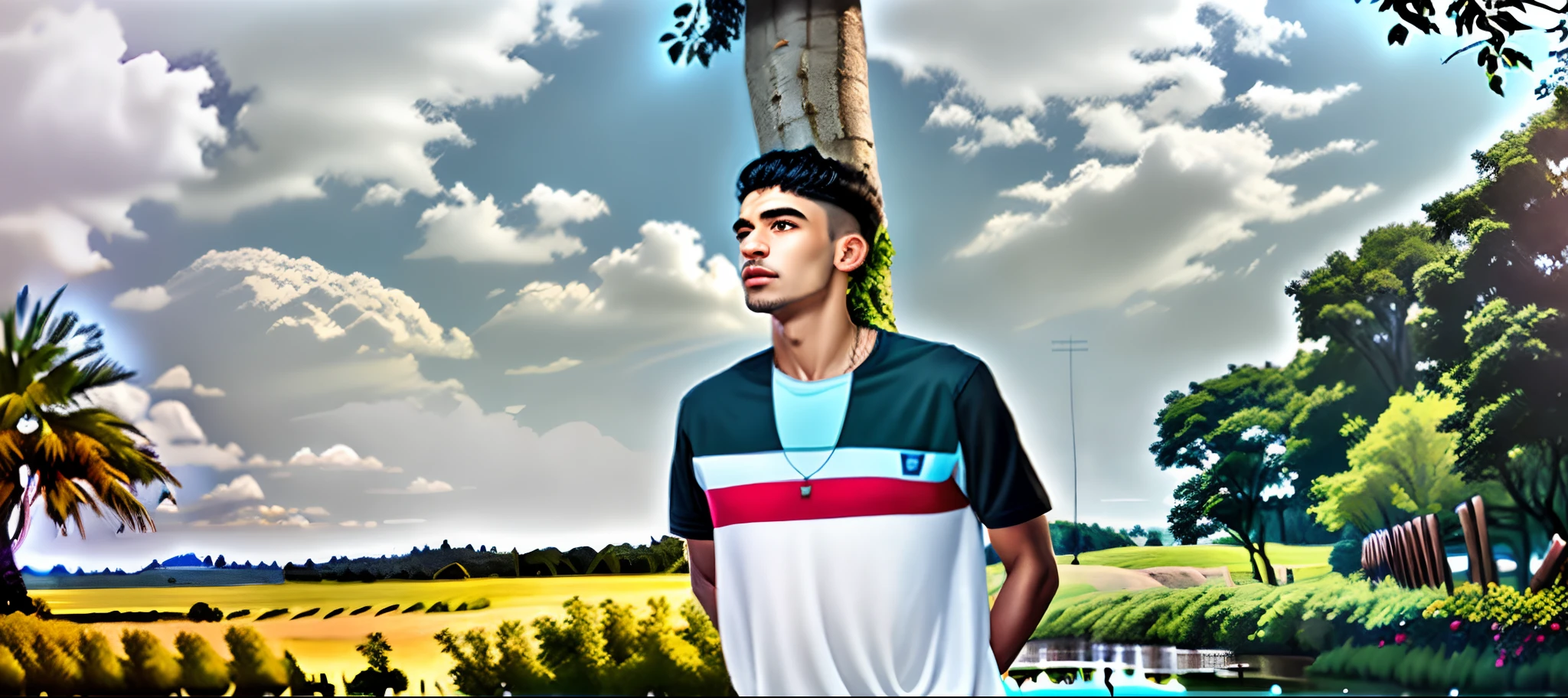 there is a man standing in a field with a tree, in front of a forest background, ayan nag, assamese aesthetic, facebook profile picture, facebook post, riyahd cassiem, portait photo profile picture, picture, scenary, viral post, with a tall tree, Best quality, 1024k, 1024k, perfect body, ultra detailed face, , detailed eyes handsome boy, realistic face, ultra realistic
