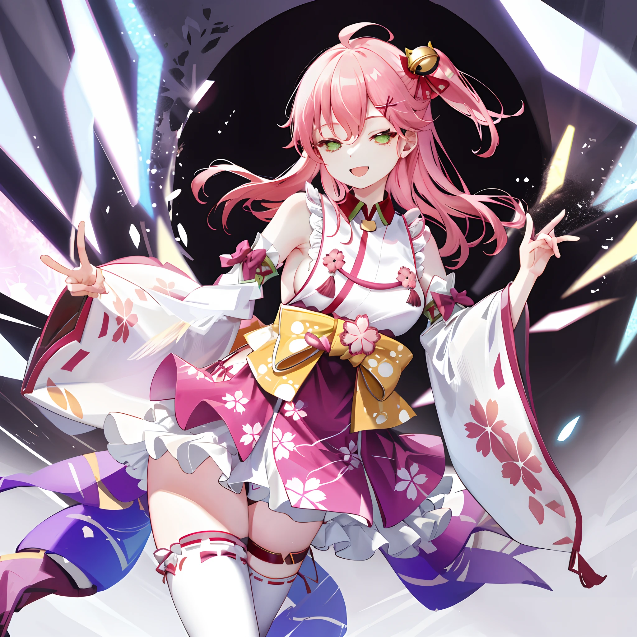 masterpiece, best quality, highres, miko1, sakura_miko, 1girl, green eyes, solo, ahoge, x_hair_ornament, pink_hair, floral print, hairclip, (sideboob:1.2), hair_bell, floral print, long_hair, hair between eyes, one side up, white thighhighs, asymmetrical legwear, wide sleeves, open_mouth,happy,close_eyes, smile,dynamic_posing,rising_leg,plump,apart_legs,