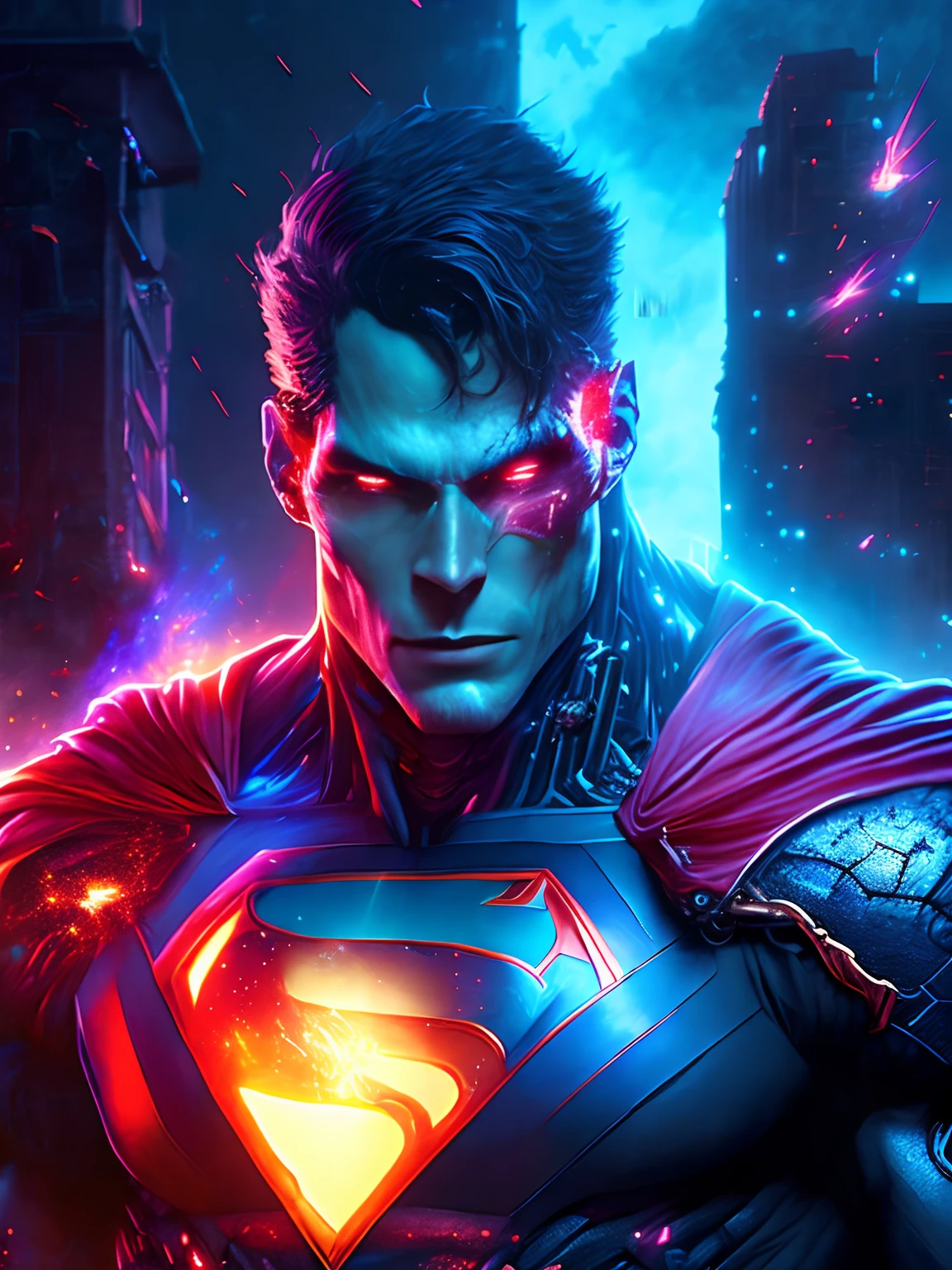 Retrato sombrio do Zombie Cyborg Superman da DC, extremamente detalhado, futuristic cityscape, noite, glowing neon lights, smoke billowing, Sparks, Metal shavings, detritos voadores, efeitos da energia azul, volumetric light