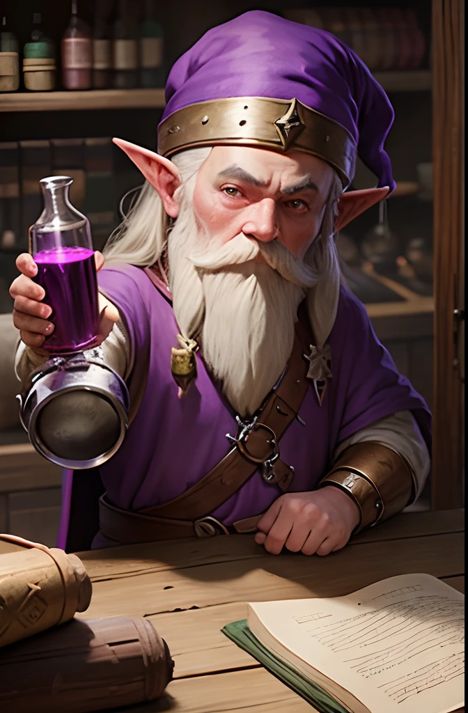 RPG Medieval Antiquity Alchemist Gnome holding red potion spells wearing purple clothes