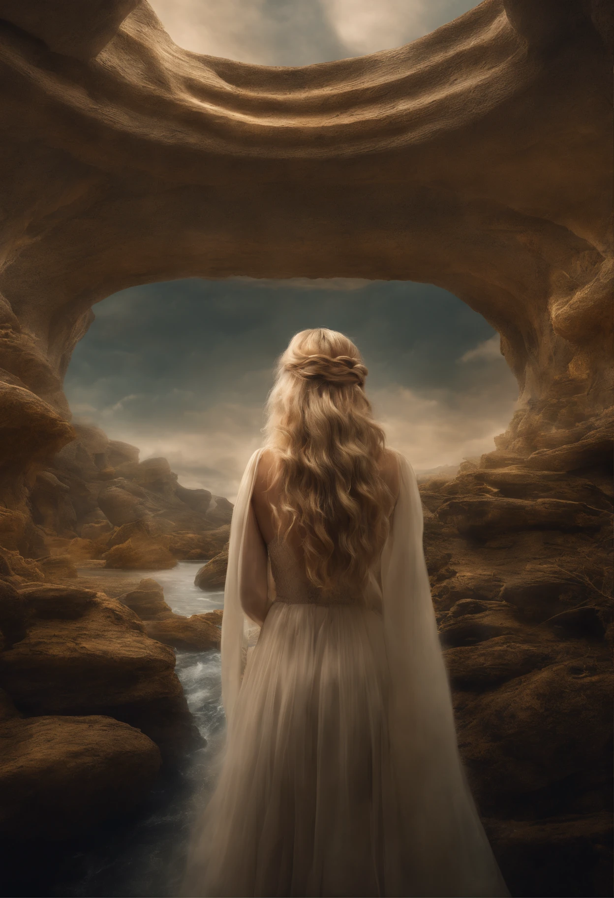 In a surreal, fantastical world, our stunning woman with extra long wavy blonde hair possesses eyes that seem to hold the secrets of the universe. She stands amidst floating islands in the sky, her hair cascading like a waterfall of gold. The atmosphere is otherworldly, with a sense of magic and wonder. This prompt is executed in a highly detailed digital art style, combining realism with fantasy elements, using a wide-angle lens (24mm) to capture the grandeur of the scene,