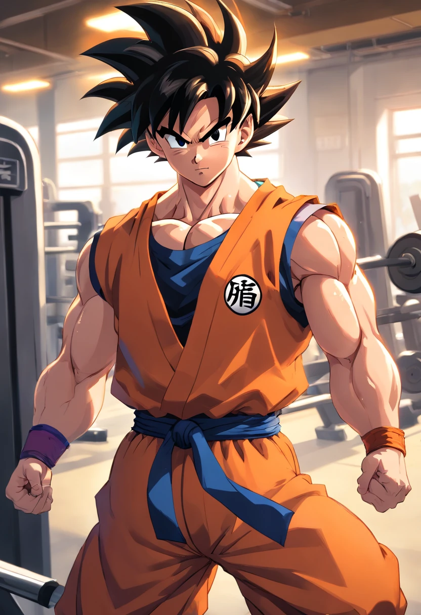 Son Goku, Super Saiyajin, masculino, Dragon Ball Z, Working out hard in a bodybuilding gym, Biceps exercises, non-biceps focus, defined and detailed muscles, expression serious