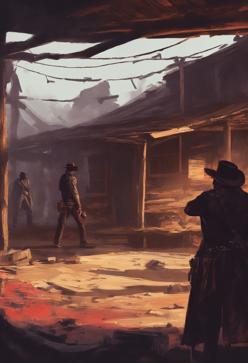 "(best quality, highres),Red dead redemption style,dark room,western outlaws,standing in front of a table,cowboy hats,revolvers,cigarettes,narrow beam of light,atmospheric shadows,leather jackets and vests,old wooden table,dust particles floating in the air,sharp focus,gritty textures,vivid colors,moody lighting"
