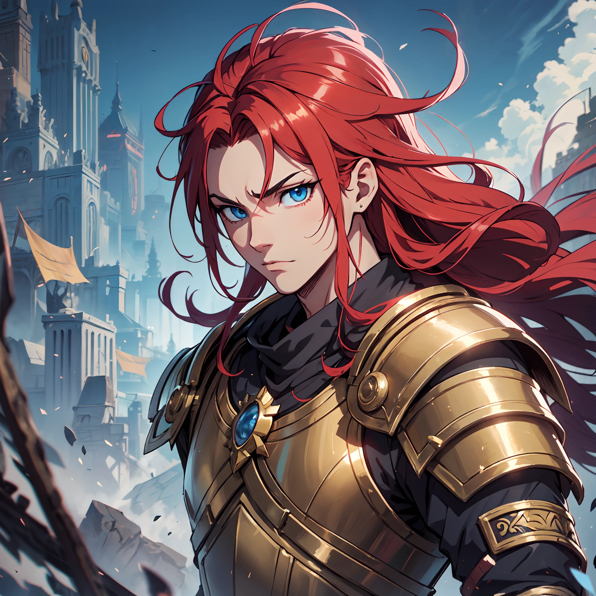 Ultra High Definition, Ultra High Quality, Extremely Detailed, Perfectly Detailed, Masterpiece, 8k, 1 Boy, Look A Like Xin From Kingdom Anime, Handsome, Equipped With Paladin Armor, Solid Light Blue Eyes, Long Red Hair, Body Shot, Ancient Kingdom Background