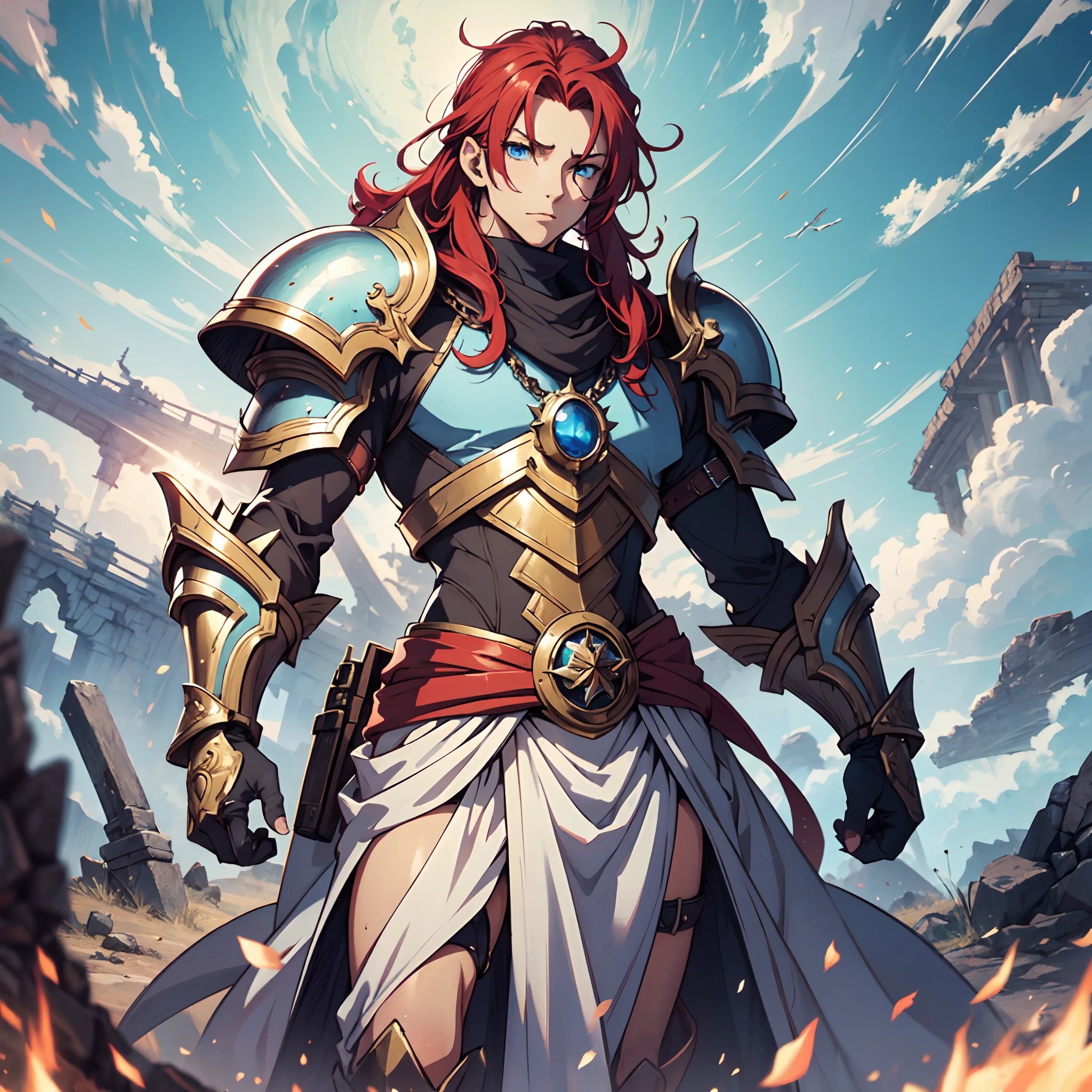 Ultra High Definition, Ultra High Quality, Extremely Detailed, Perfectly Detailed, Masterpiece, 8k, 1 Boy, Look A Like Xin From Kingdom Anime, Handsome, Equipped With Paladin Armor, Solid Light Blue Eyes, Long Red Hair, Body Shot, Ancient Kingdom Background
