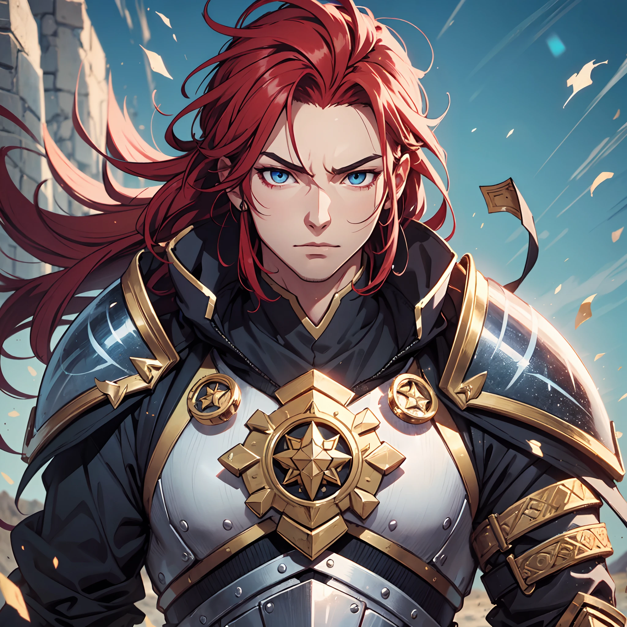 Ultra High Definition, Ultra High Quality, Extremely Detailed, Perfectly Detailed, Masterpiece, 8k, 1 Boy, Look A Like Xin From Kingdom Anime, Handsome, Equipped With Paladin Armor, Solid Light Blue Eyes, Long Red Hair, Body Shot, Ancient Kingdom Background