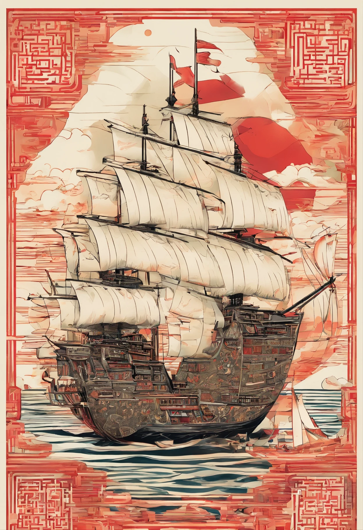 Zheng He treasure ship，Hull deconstruction and reorganization，Chinese pattern，Cutting the hull，constitute，Graphic illustration，Constructivism，abstracted，lichen，Simplified，Treasure ship cutting transformation,Vibrant colors,High contrast,Huge amounts of pubic,vector line art,blasts，disarray，Reconstructed hull filled with Chinese patterns，s fractal art