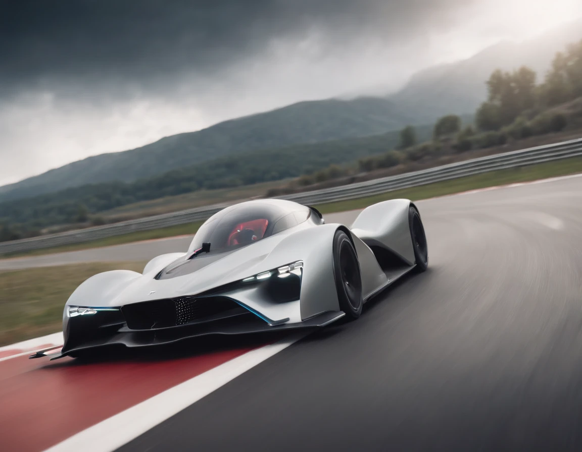 racing down the runway in a futuristic, robotic racing car.