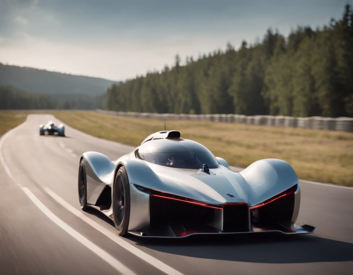 racing down the runway in a futuristic, robotic racing car.