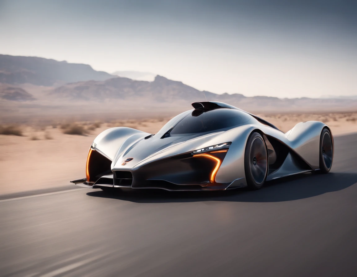 racing down the runway in a futuristic, robotic racing car.
