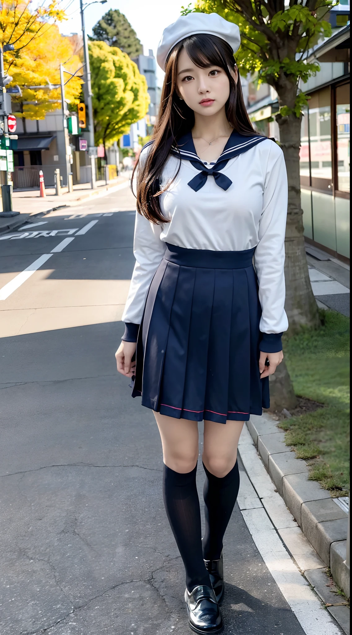 mix4, (16 K, Raw photography, Top image quality, masterpiece: 1.45), (realisitic, Photorealsitic: 1.37), one girls, 7.5, etc、Standing figure,Noon time slot、cute little, A city scape,, profetional lighting, photon maping, Cityscape with street trees, physically-based renderingt, Gradient dark brown hair,, a handsome, Well-groomed and beautiful eyes、Large double eyelids、Very shiny、girl with, (((student clothes、Long sleeve sailor suit worn by Japan girl、red cuffs、Dark blue mini skirt, Small gray beret、Dark blue knee-high socks、Black loafers))), Top Quality Photos, hight resolution, 1080p, (clearface), (Detailed face description), (Detailed hand description), (masterpiece), (Exquisite CG)、extreme light and shadows、dishevled hair、master work、abundant detail、(Fine facial features)、(top quality photo)、(masuter piece)、(A detailed eye)、Look in front of you、Fine clavicle、((Slender big))、(((Japan schooln long-sleeved sailor suit)))、((Ready Idol System))、((Boulevard with street trees、Roads at the scramble intersection))、(Shooting from random perspectives)、(((Anyway cute)))、耳Nipple Ring、A big smile、Drawing the whole body from the knees、Do not draw nasolabial folds、(((Long-sleeved sailor suit)))、(Big breasts that hang down big:1.3)、Big buttocks with tension、Two arms and two legs、(((from the front side:0.5)))、bare hand、No mask