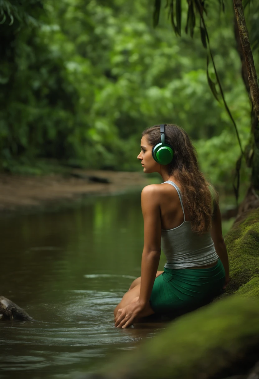 rana adolescente verde cuerpo realista foto, caminar con auriculares en la cabeza, Amazon Rainforest, Very green river in the background of the scene --auto --s2
