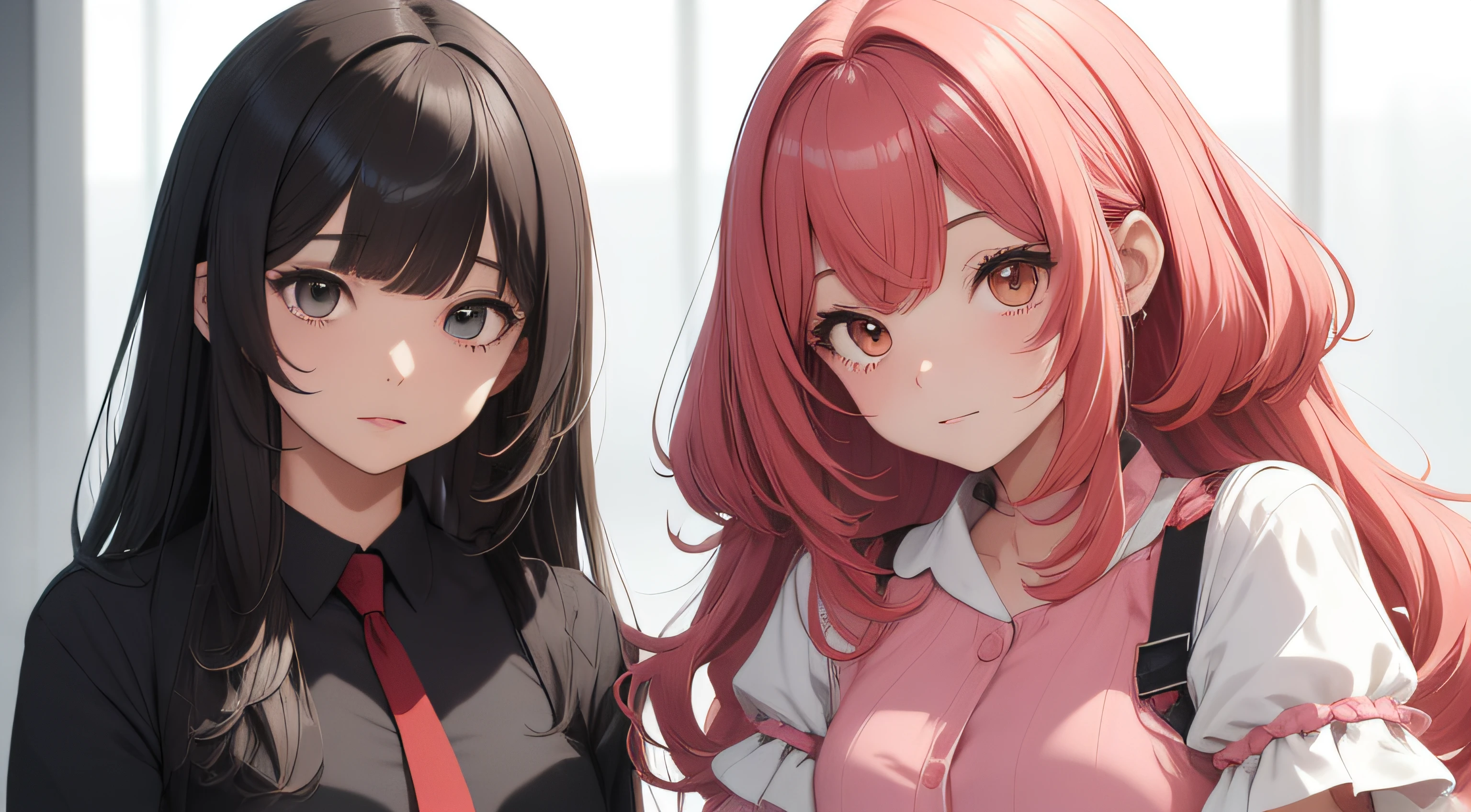 (melhor qualidade) (obra-prima) anime lutando, roupas de couro nas cores preta e rosa, cabelo ruivo