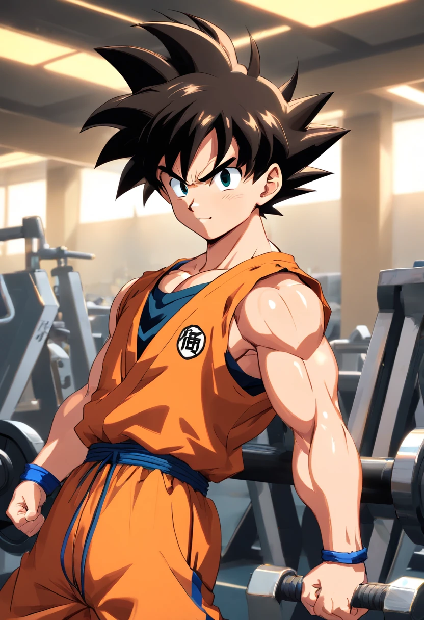Filho Goku, ((((Super Saiyajin 3))), masculino, Dragon ball z, Working out hard in a bodybuilding gym, Biceps exercises, Biceps focus, defined and detailed muscles, expression serious