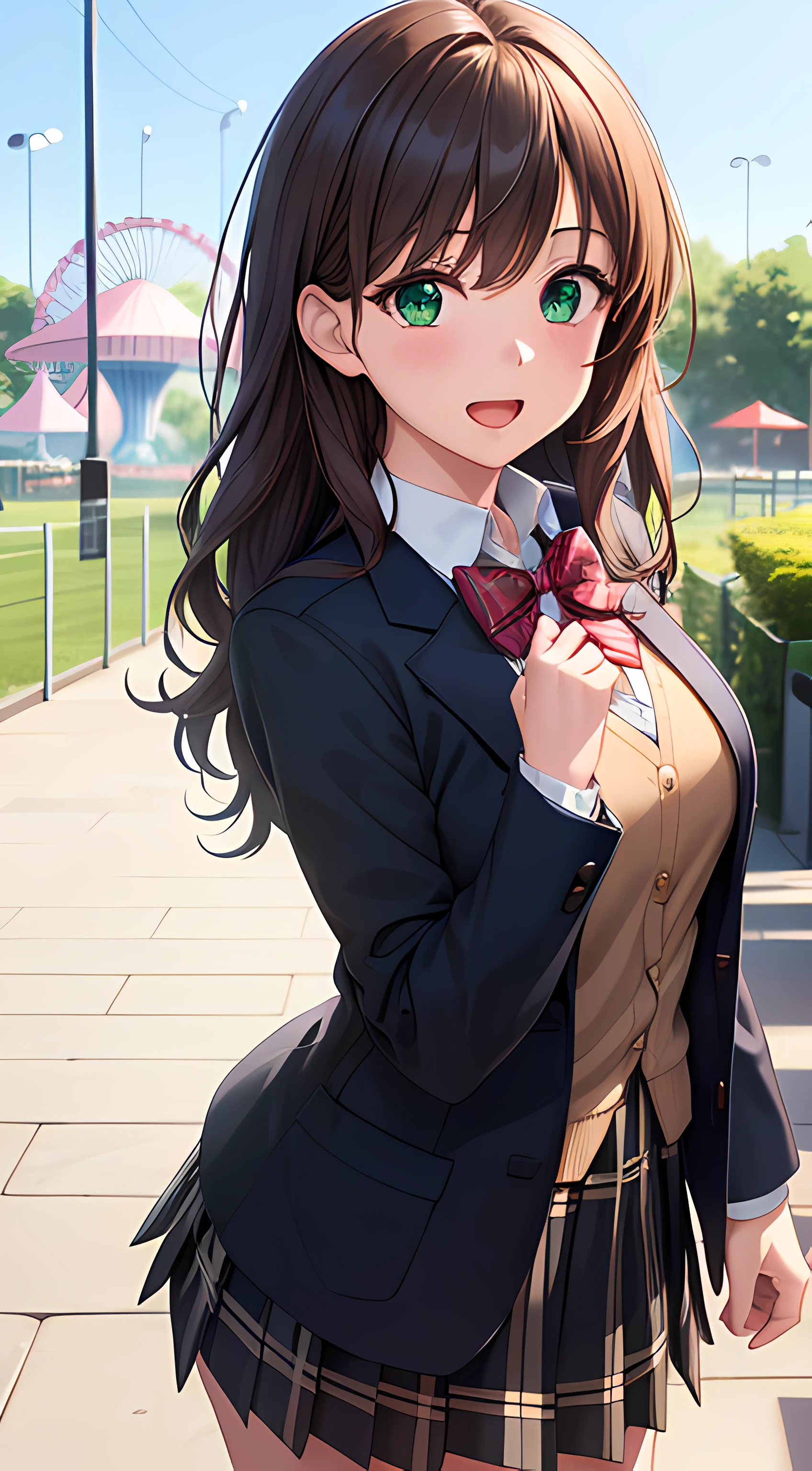 ((masterpiece, best quality, highres, UHD, perfect pixel, depth of field, 4k, RTX, HDR))), 1girl, single, solo, beautiful anime girl, beautiful artstyle, anime character, ((long hair, bangs, brown hair, curly hair:0.8)), ((green eyes:1.4, rounded eyes, beautiful eyelashes, realistic eyes)), ((detailed face, blushing:1.2)), ((smooth texture:0.75, realistic texture:0.65, photorealistic:1.1, anime CG style)), medium breasts, dynamic angle, perfect body, ((POV, cowboy shot)), ((red bowtie, school uniform, school emblem, black jacket, open jacket, brown cardigan, white shirt, black skirt, plaid skirt)), smile, open mouth, amusement park, cherry blossom