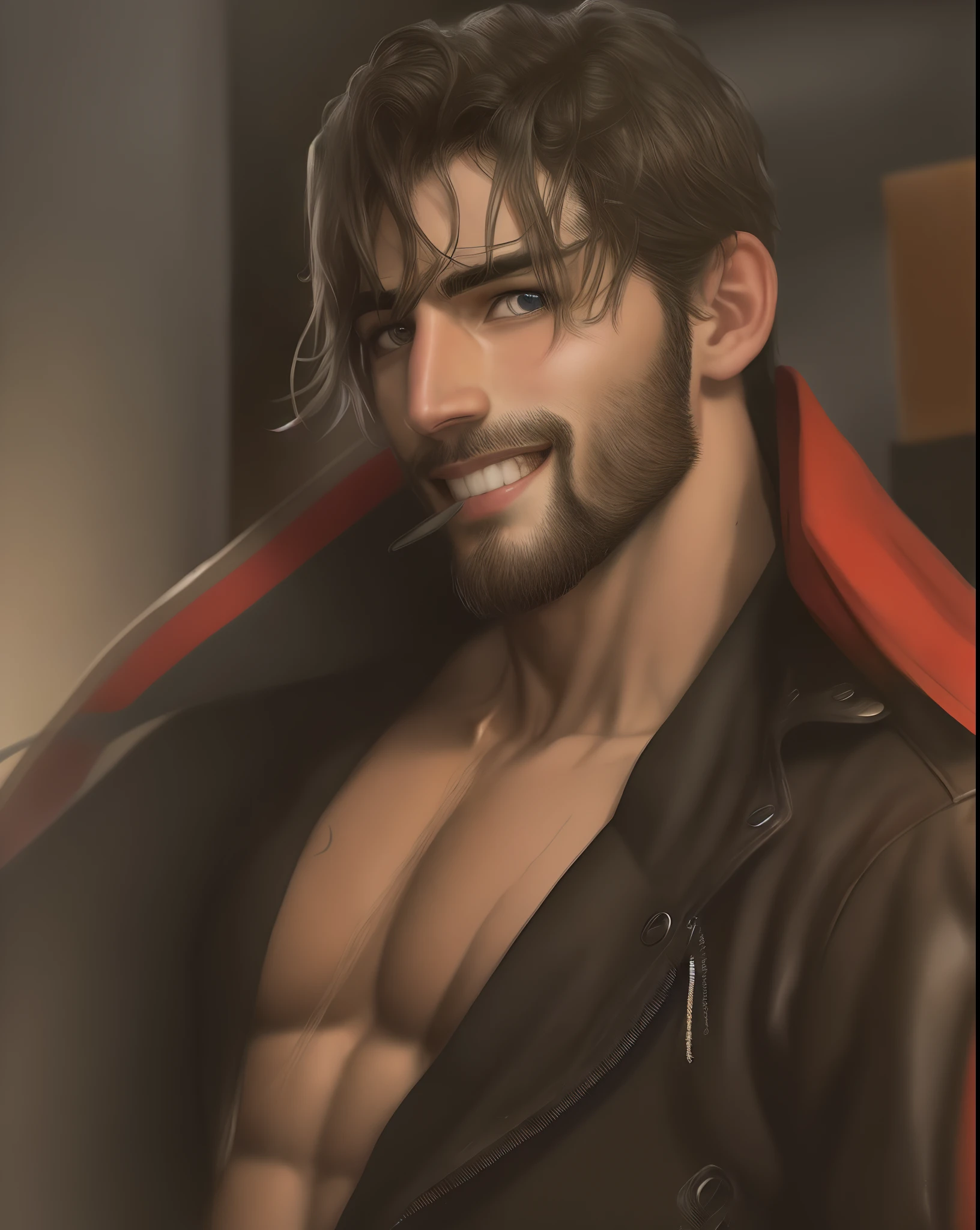 hermoso hombre latino, cabello ondulado, barba hermosa, ojos azules, camisa negra, enormes alas blancas en la espalda, correcion de ojos, ojos centrados, sonrisa atractiva, paleta big bom, paleta (caramelo).