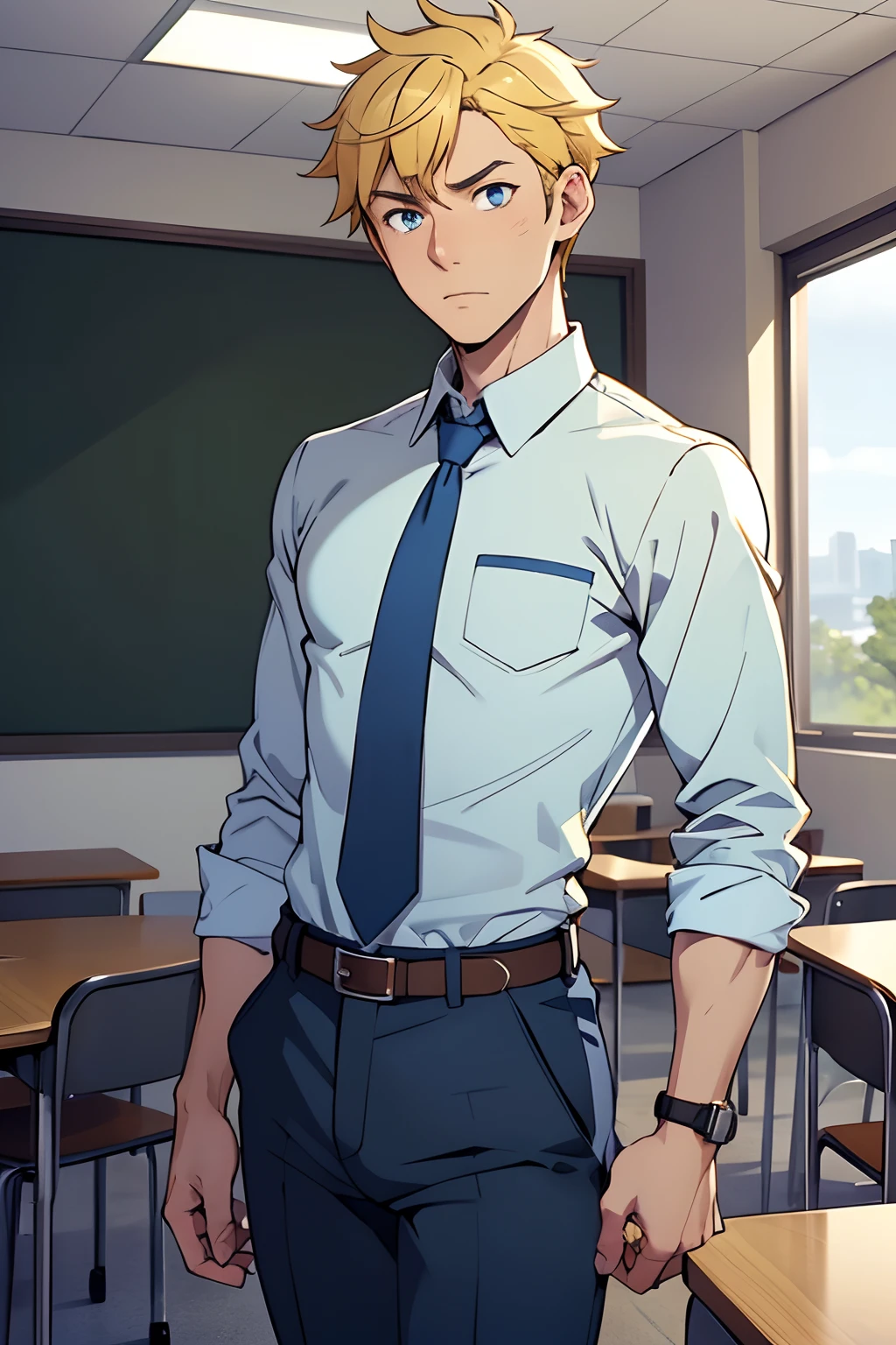 1 young male),A high resolution, Sharp focus, Pixiv masterpiece, ((Complicated details)), highly detailed, natsuki_subaru, 1 man,perfect male figure, nervously walking in a class room,is shy,embarressed,exhilarated,scared,panicking,worry,Very eager to ask out a girl,Unbearable,full bodyesbian,wlking in a classroom,Tired,decadent, blue color eyes(eyes glowing), Short yellow hair,Yellow long-sleeved shirt,perfrctly dressed ,Wear a tie,Wear a belt,trousers,perspire,look stright