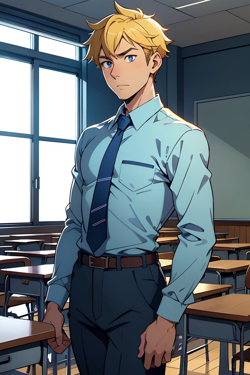 ung male),A high resolution, Sharp focus, Pixiv masterpiece, ((Complicated details)), highly detailed, natsuki_subaru, 1 man,perfect male figure, nervously walking in a class room,is shy,embarressed,exhilarated,scared,panicking,worry,Very eager to ask out a girl,Unbearable,full bodyesbian,wlking in a classroom,Tired,decadent, blue color eyes(eyes glowing), Short yellow hair,Yellow long-sleeved shirt,perfrctly dressed ,Wear a tie,Wear a belt,trousers,perspire,look stright