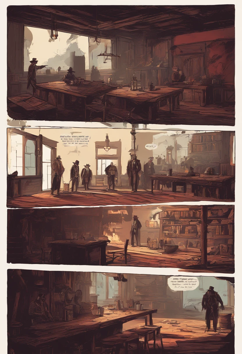 "(best quality, highres),Red dead redemption style,dark room,western outlaws,IN A DARK ROOM,Interior,standing in front of a table,cowboy hats,revolvers,cigarettes,narrow beam of light,atmospheric shadows,leather jackets and vests,old wooden table,dust particles floating in the air,sharp focus,gritty textures,vivid colors,moody lighting"
