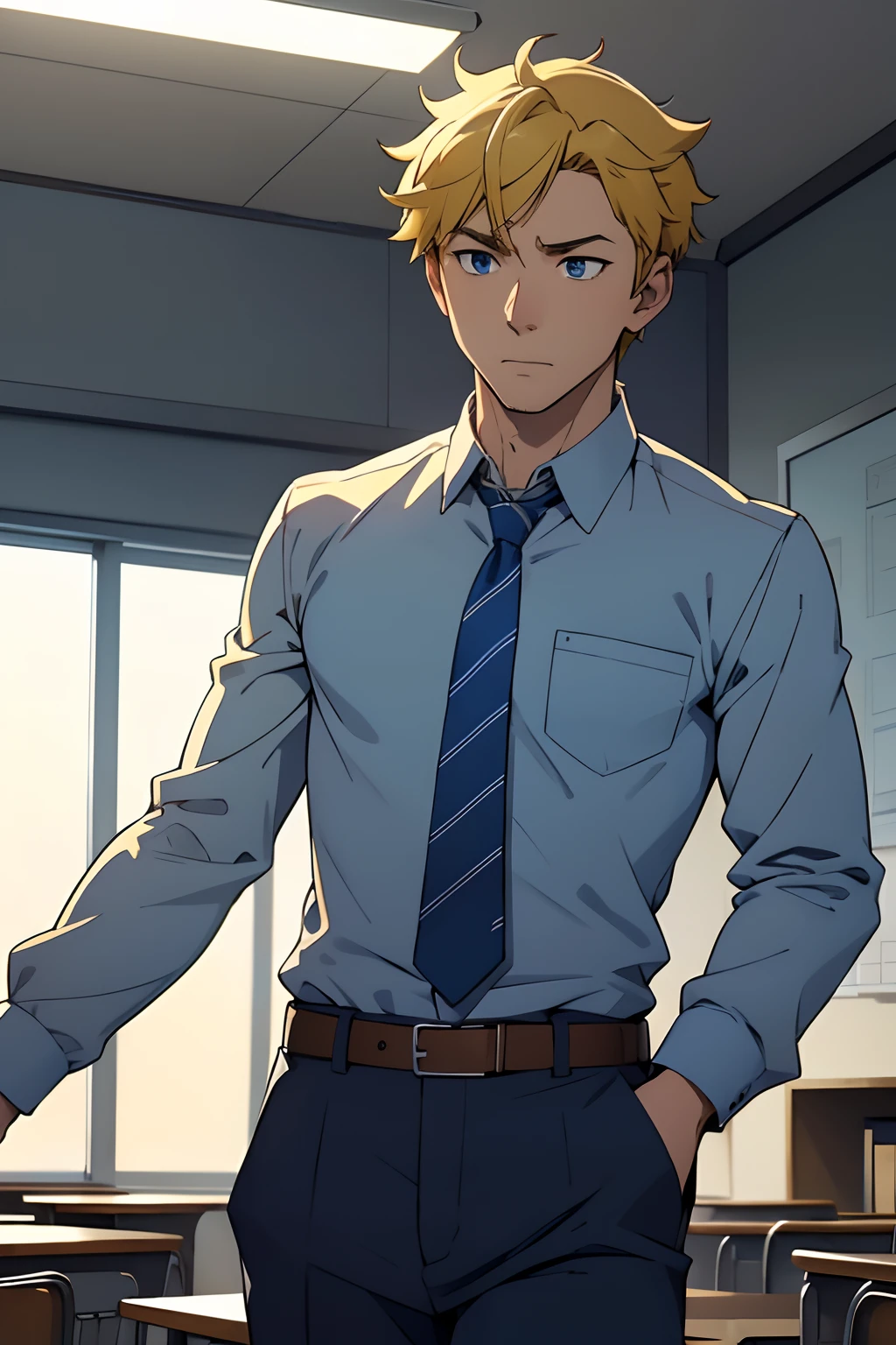 1 young male),A high resolution, Sharp focus, Pixiv masterpiece, ((Complicated details)), highly detailed, natsuki_subaru, 1 man,perfect male figure, nervously walking in a class room,is shy,embarressed,exhilarated,scared,panicking,worry,Very eager to ask out a girl,Unbearable,full bodyesbian,wlking in a classroom,Tired,decadent, blue color eyes(eyes glowing), Short yellow hair,Yellow long-sleeved shirt,perfrctly dressed ,Wear a tie,Wear a belt,trousers,perspire,look stright