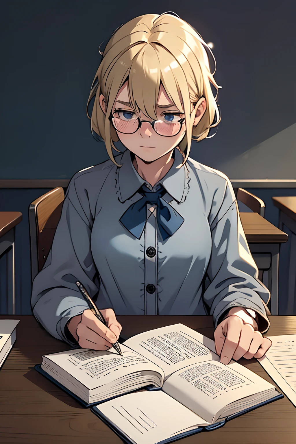 cute,blonde,blue spects, 1 16 year old girl, solo, in classsroom, writing in her book ,tension,lost in her toughts,emo,sleepy,uniform,clean and tidy class, grey coat,full sleeves shirt ,sitting in a desk,worried,alone,look down , shy,stressed