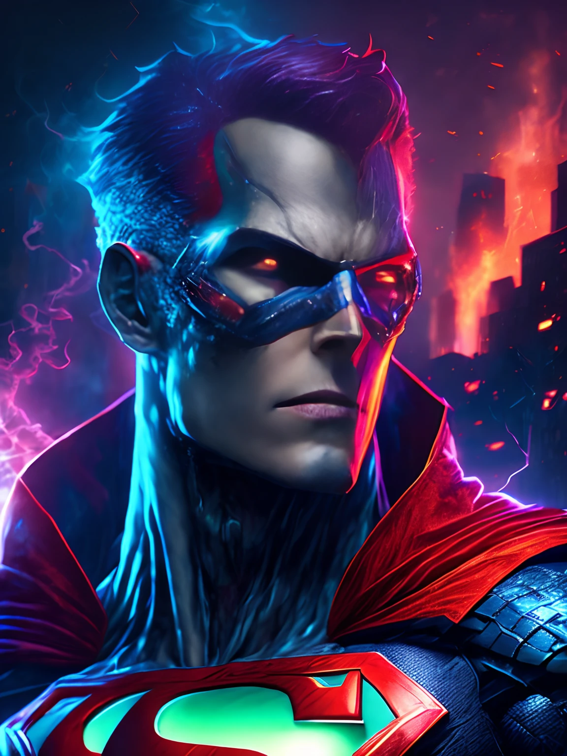 Retrato sombrio do Zombie Cyborg Superman da DC, extremamente detalhado, futuristic cityscape, noite, glowing neon lights, smoke billowing, Sparks, Metal shavings, detritos voadores, efeitos da energia azul, volumetric light