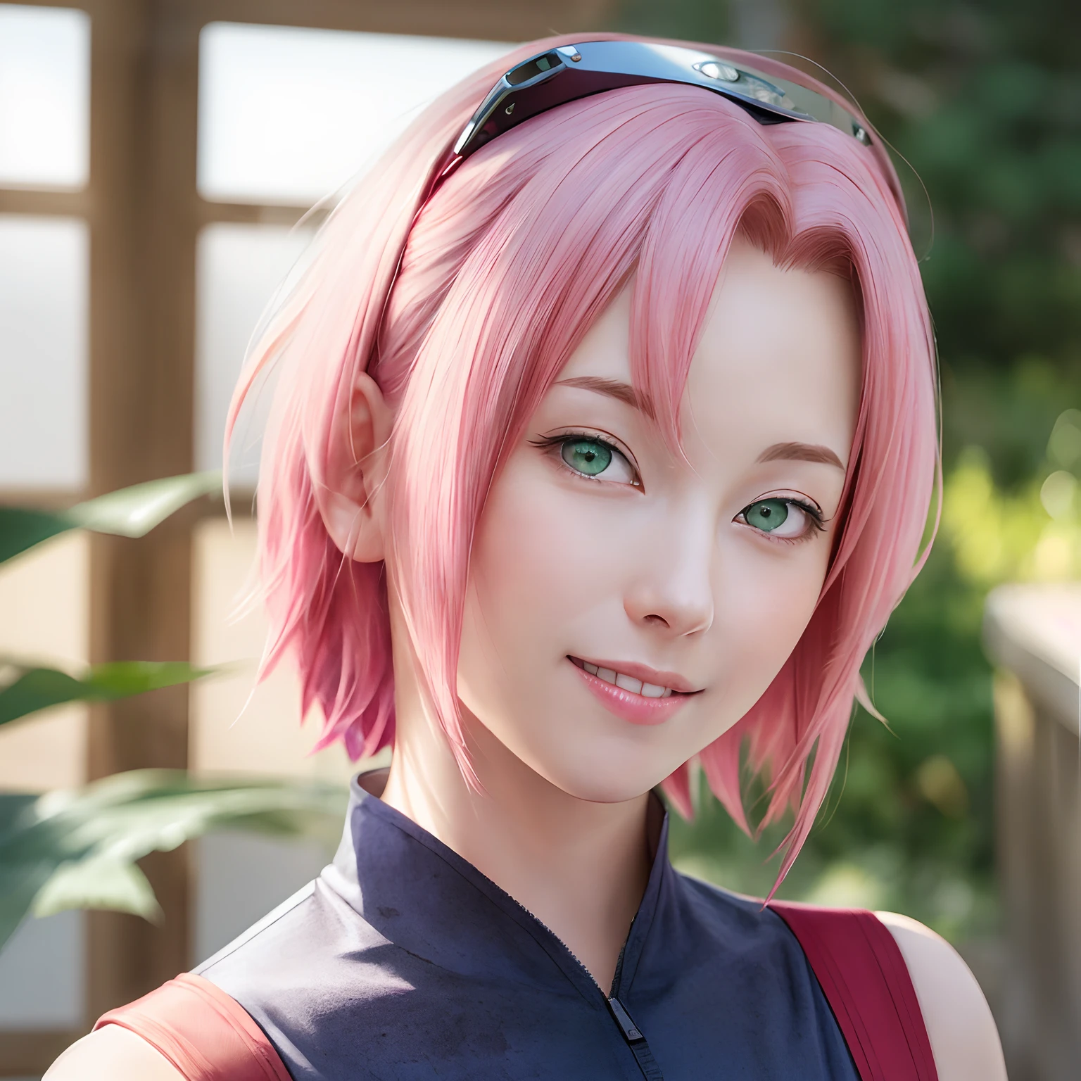 1female, haruno sakura in anime naruto shippuden, short hair , pink hair, green eyes, smile, beautiful, red clothes, realistic clothes, detail clothes, city background, ultra detail, realistic
