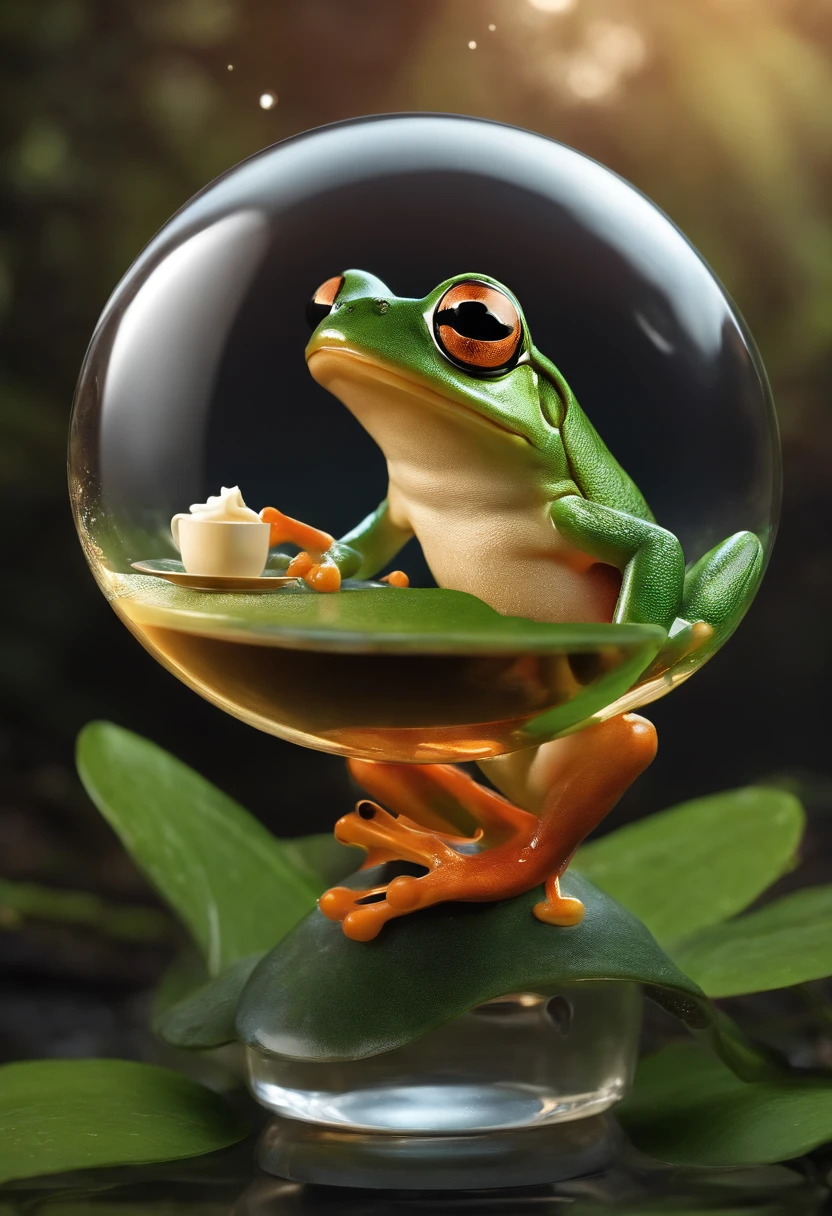 masterpiece: 8k, best quality quality, masterpiece: 1.2), ultra-detailed, a frog drinking coffee inside a bubble,