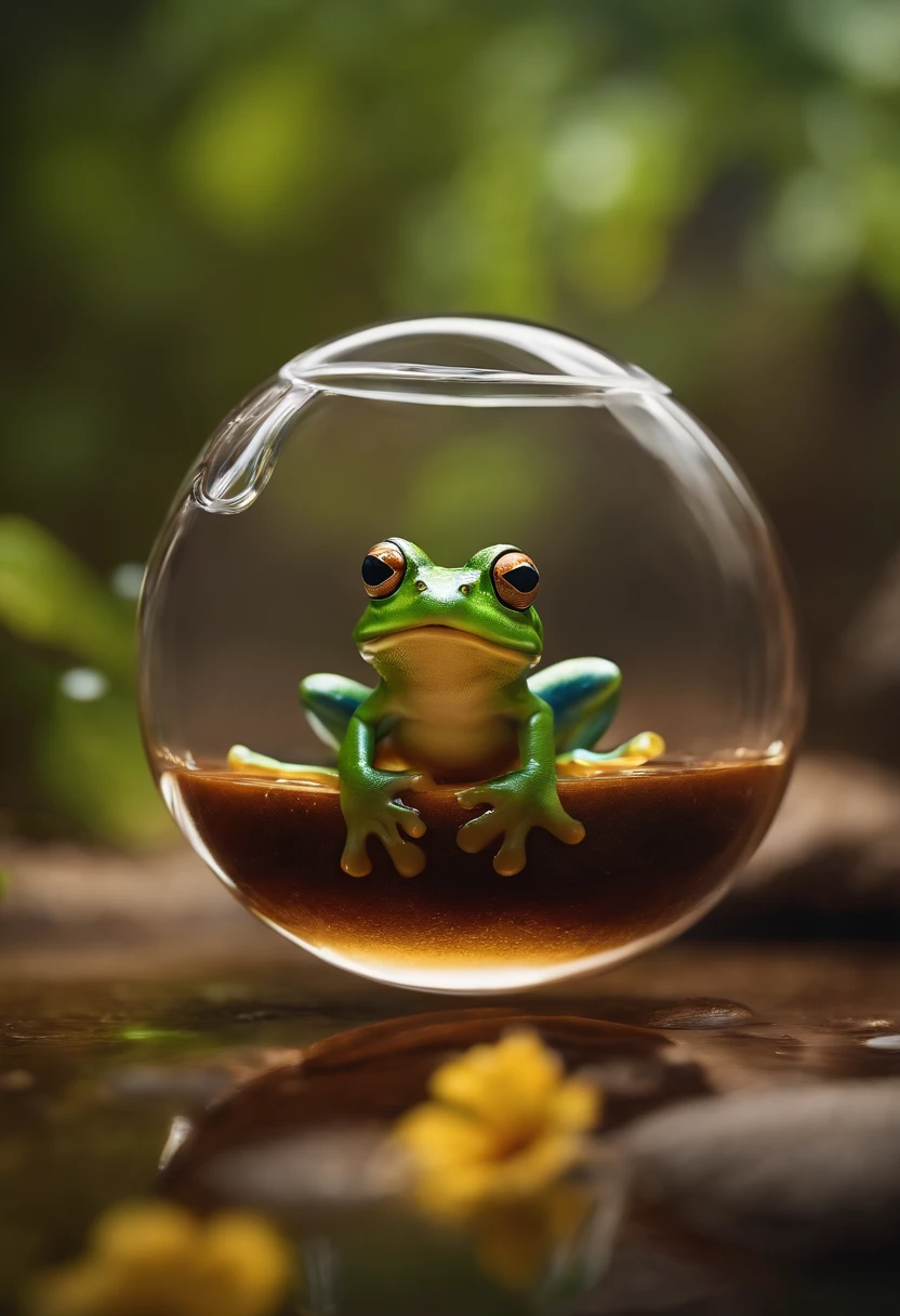 masterpiece: 8k, best quality quality, masterpiece: 1.2), ultra-detailed, a frog drinking coffee inside a bubble,