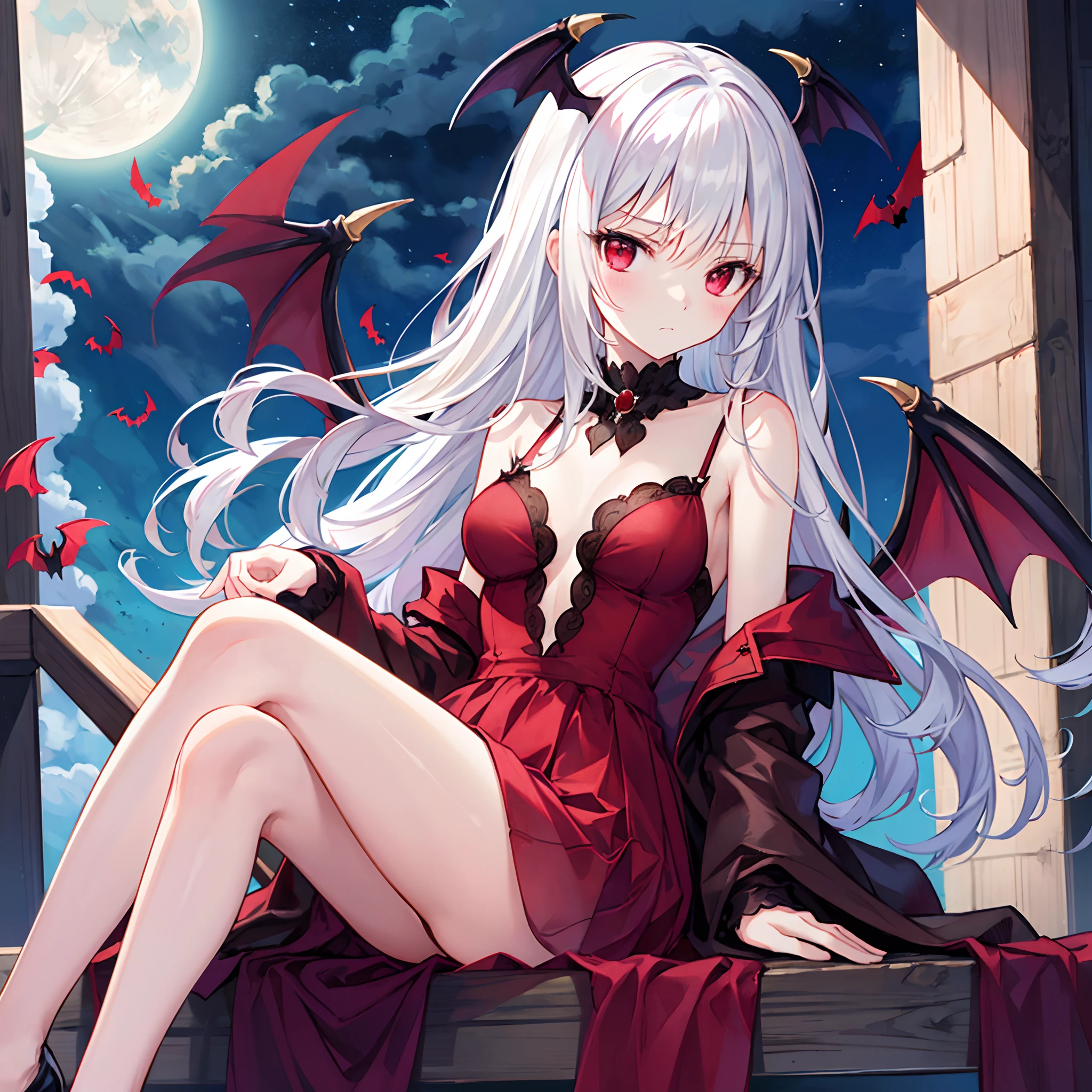 white hair、Vampire、red eyes、Beautiful girl alone、Red dress、a cold expression、a moon、Midnight、bat wings