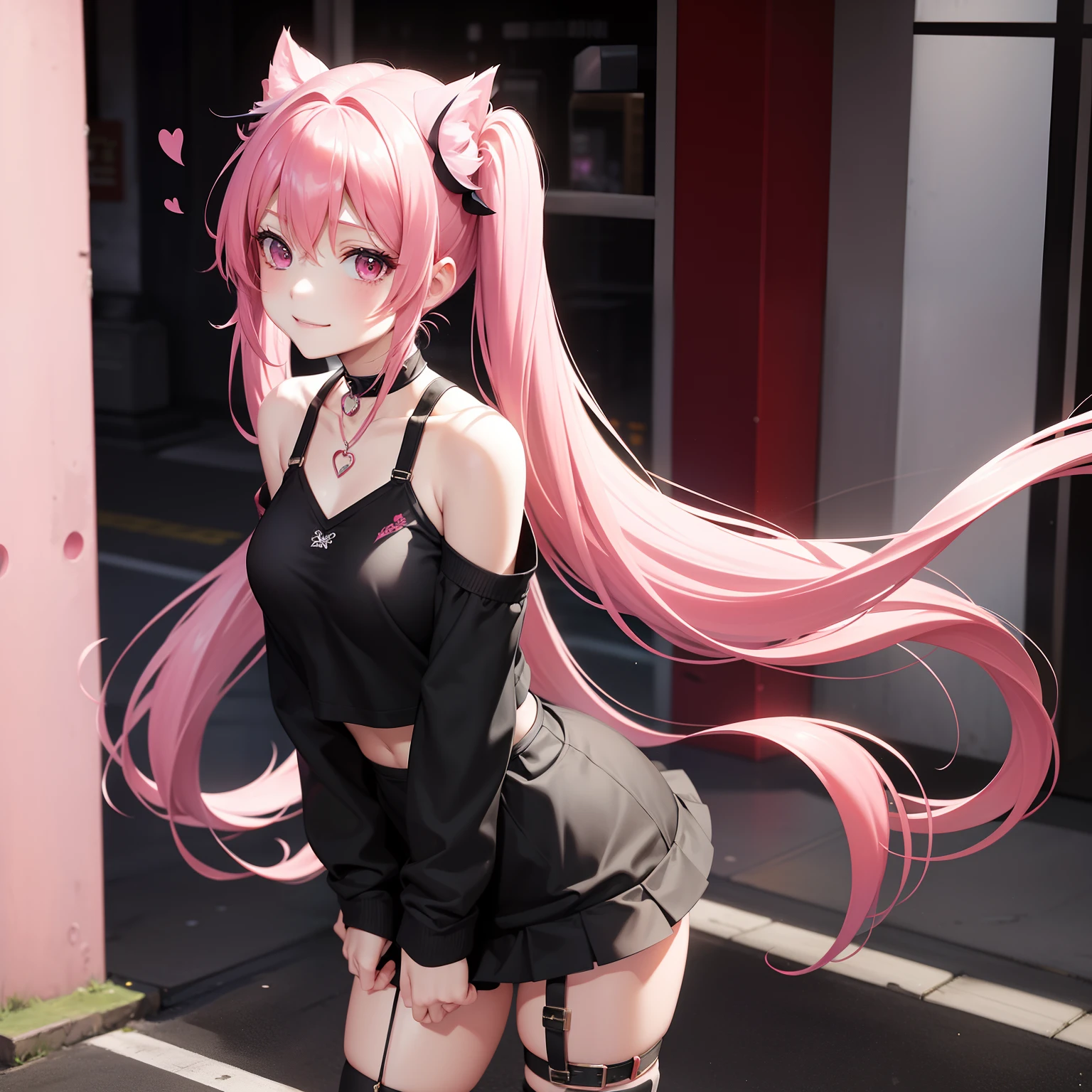 full body Esbian, masutepiece: 1.2, Highest Quality), (Live-action, elaborate details), (1 Lady, Solo, Upper body,) Clothing: Edgy, Black long jumper, pink miniskirt, long hair with pink twin tails,,,,,,,,,,、Avant-garde, Experimental appearance: Long pink twin tail hair 、Heart-shaped choker、The location: bustling city、Solo, Nice smile、Value Creation in Mixed Media Art: individuality, authenticity, Creative expression