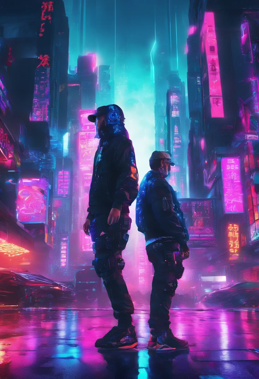 (best quality,4k,8k,highres,masterpiece:1.2),ultra-detailed,(realistic,photorealistic,photo-realistic:1.37),neon-lit,twilight sky,night cityscape,glowing urban landscape,imposing skyscrapers,high-tech city,advanced metropolis,cybernetic enhancements,augmented reality,holographic displays,dystopian future,advanced technology,hovering cars,urban chaos,gritty streets,cybernetic implants,nightlife,pulsating energy,electronic beats,high-tech weaponry,rebel hackers,virtual reality,hustling crowds,dark alleyways,neon tattoos,aesthetic urban fashion,futuristic fashion trends,enhanced humans,dangerous mega-corporations,crime syndicates,bionic limbs,corrupt politicians,digital surveillance,cyberpunk noir,high contrast lighting,electric blue color palette,glowing neon signs,heavy rain showers,running in the rain,reflections on wet streets,smoky atmosphere
