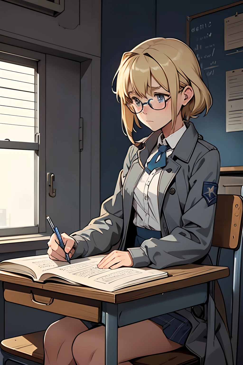 cute,blonde,blue spects, 1 16 year old girl, solo, in classsroom, writing in her book ,tension,lost in her toughts,emo,sleepy,uniform,clean and tidy class, grey coat,full sleeves shirt ,sitting in a desk,worried,alone,look down , shy,stressed