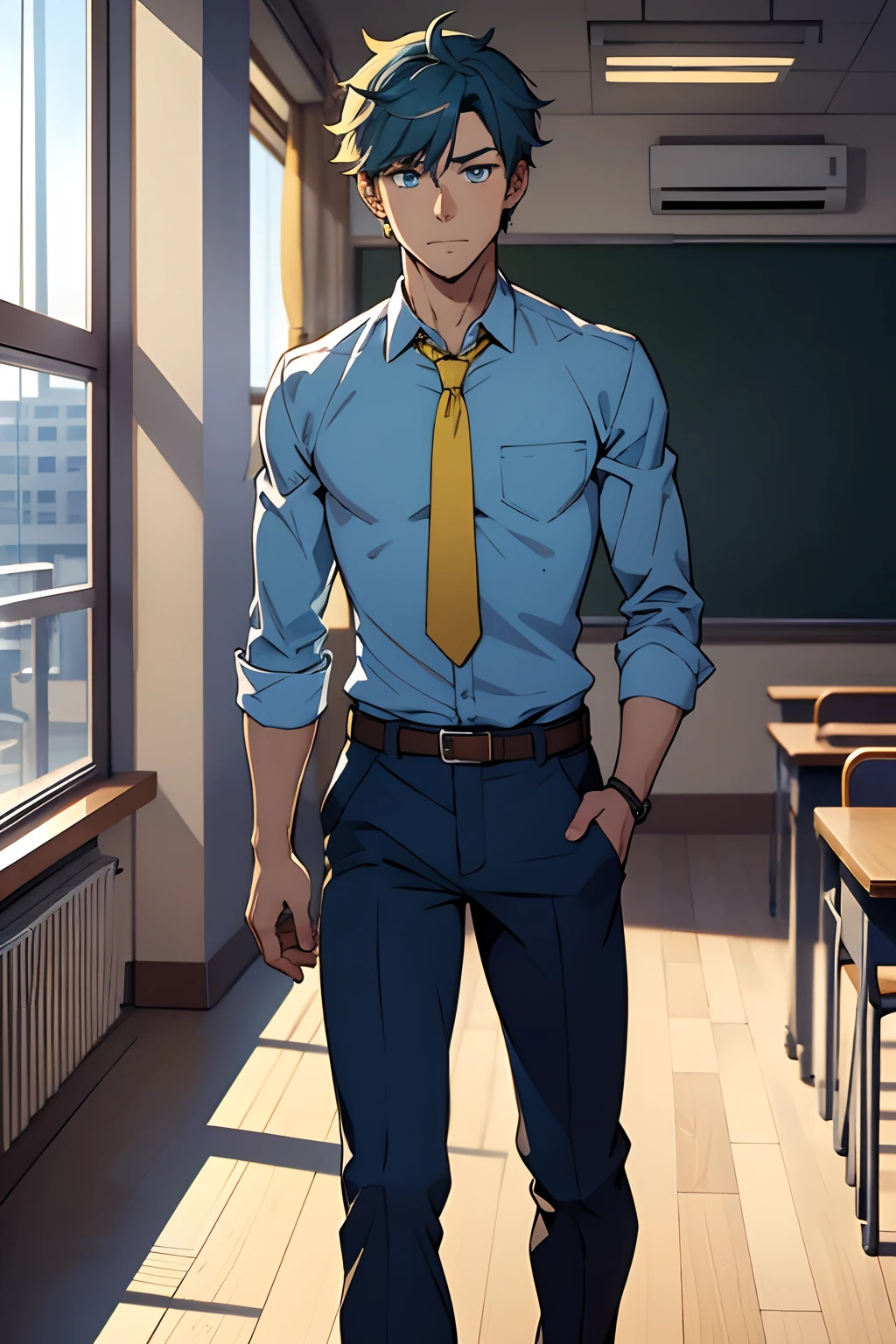 1 young male），A high resolution， Sharp focus， Pixiv masterpiece， （（Complicated details））， highly detailed， natsuki_subaru， 1 man，perfect male figure， nervously walking in a class room，is shy，embarressed，exhilarated，scared，panicking，worry，Very eager to ask out a girl，Unbearable，full bodyesbian，wlking in a classroom，Tired，decadent， blue color eyes（eyes glowing）， Short yellow hair，Yellow long-sleeved shirt，perfrctly dressed ,Wear a tie，Wear a belt，trousers，perspire，look stright, walking across the class, bue coloured letter,shy,scared,urge to propose,scared,tension,stressed