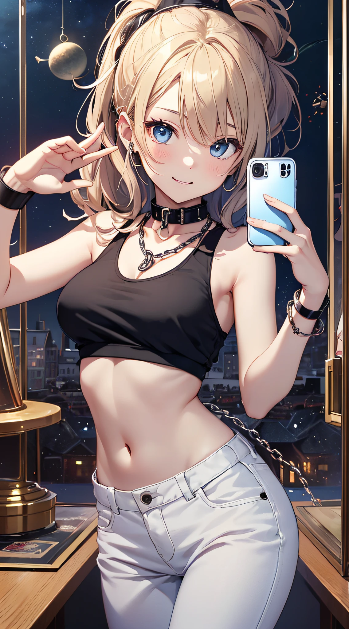 top-quality、Top image quality、​masterpiece、girl with((18year old、tatteredclothing、Black Navel Tank Top、White pants、Best Bust、Bust 85、a blond、disheveled ponytail、Blue eyes、open chest wide、Happiness、Chain Accessories、Black wristband on wrist、Selfie wind、saluting、Wink in right eye)）hiquality、visualart、Background with((Planetarium House))、masutepiece