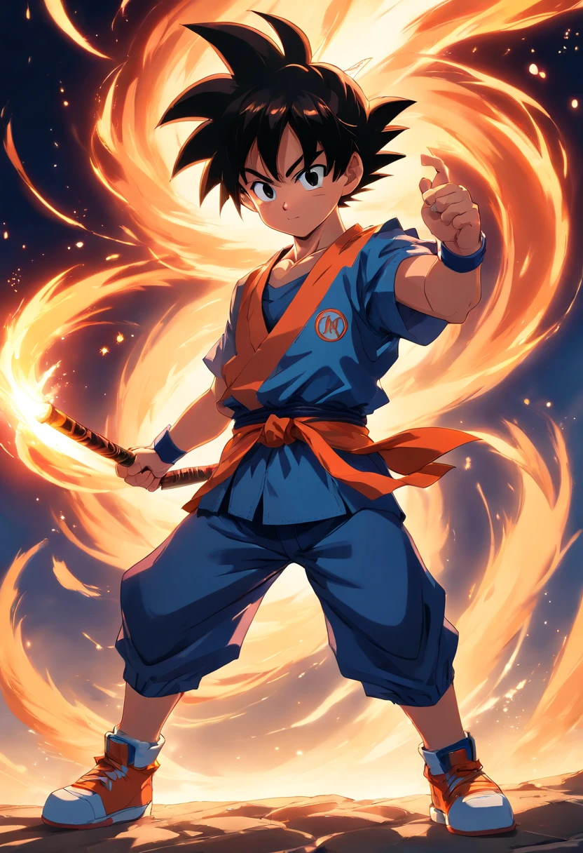 Goku child, em cima de uma montanha, olhando para o horizonte, carrying his red baton, incredible details, sombras perfeitas