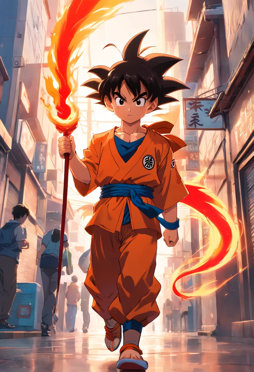 Goku child, em cima de uma montanha, olhando para o horizonte, carrying his red baton, incredible details, sombras perfeitas